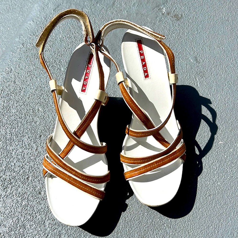 PRADA Cork & Leather Platform Wedge Sandals - Size 37.